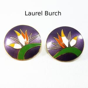 Vintage Laurel Burch Bird of Paradise Post Earrings Gold Cloisonne Enamel